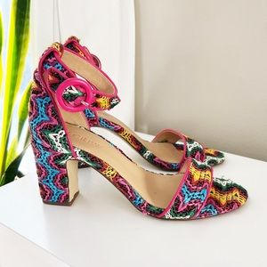 J.Crew Raffia Azalea Block Heel Peep Toe Zig Zag Colorful Size 6.5